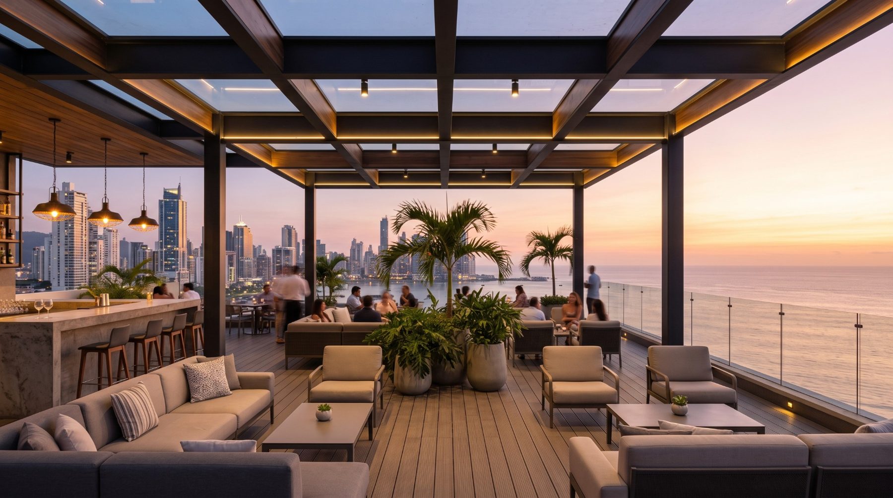 La Terraza al atardecer con vista al skyline de Panamá y al océano