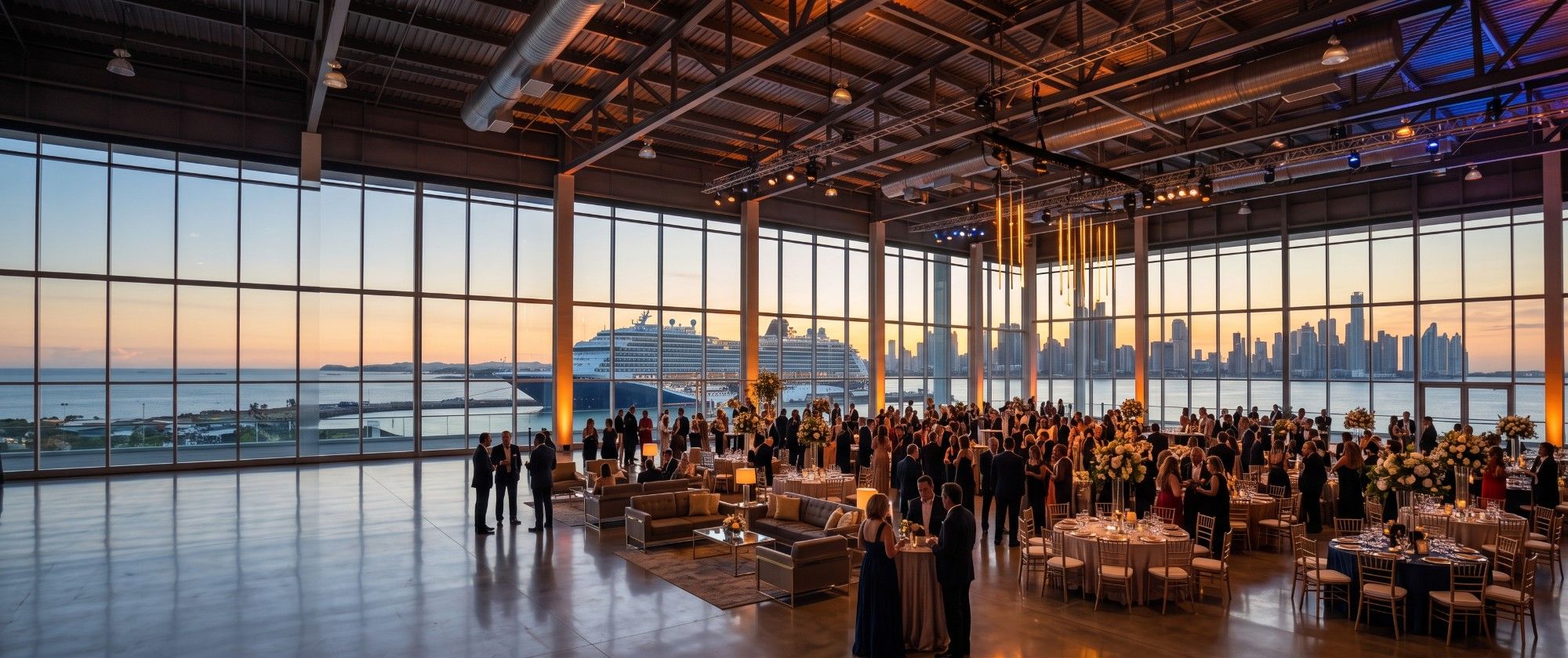Gran Salón Nivel 1 con ventanales al atardecer, vista al crucero y al skyline