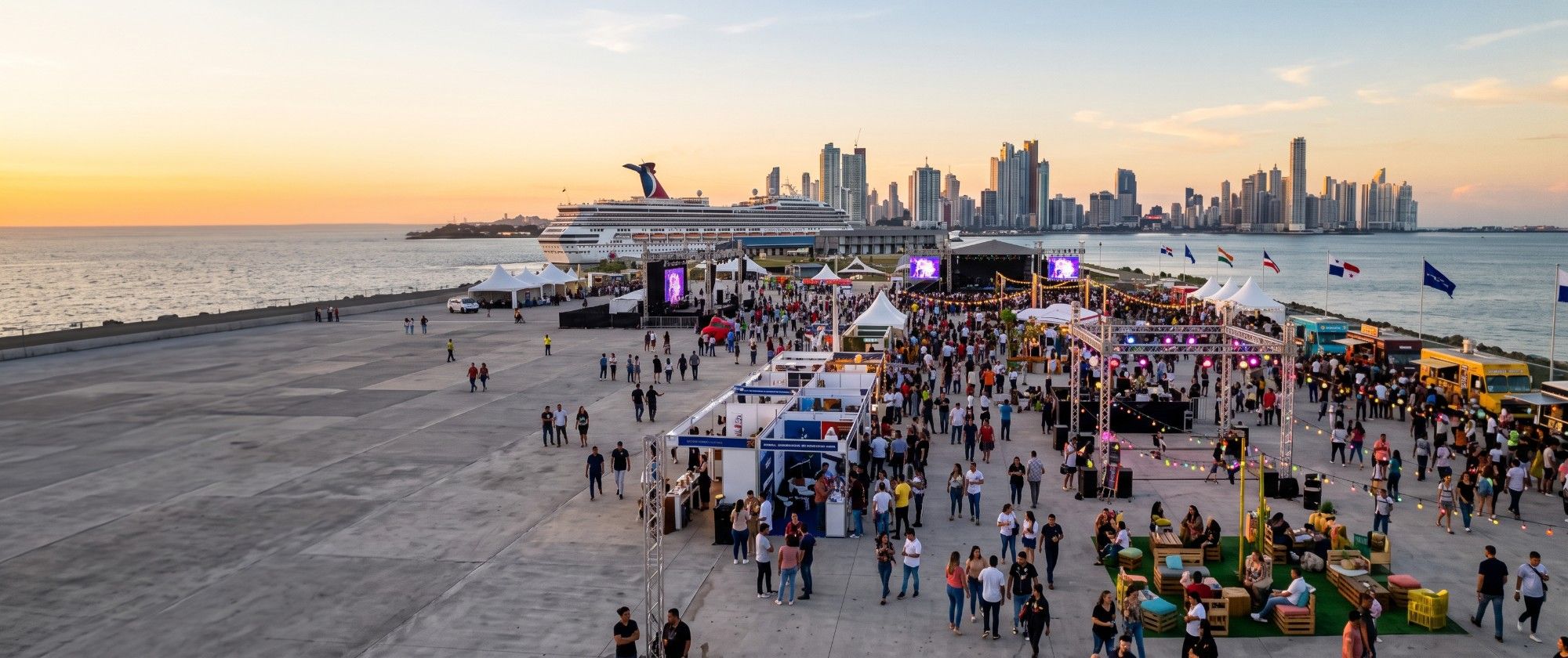 Plaza Central al atardecer con feria, escenario, crucero y skyline de Panamá